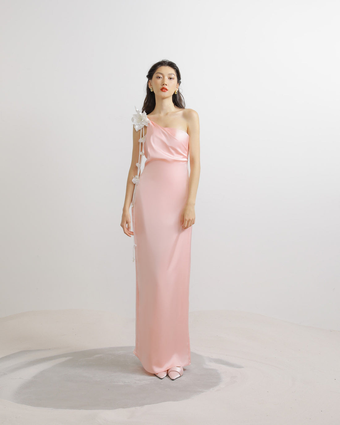 Floral Line Embroidered Silk One-Shoulder Maxi Dress in Light Pink