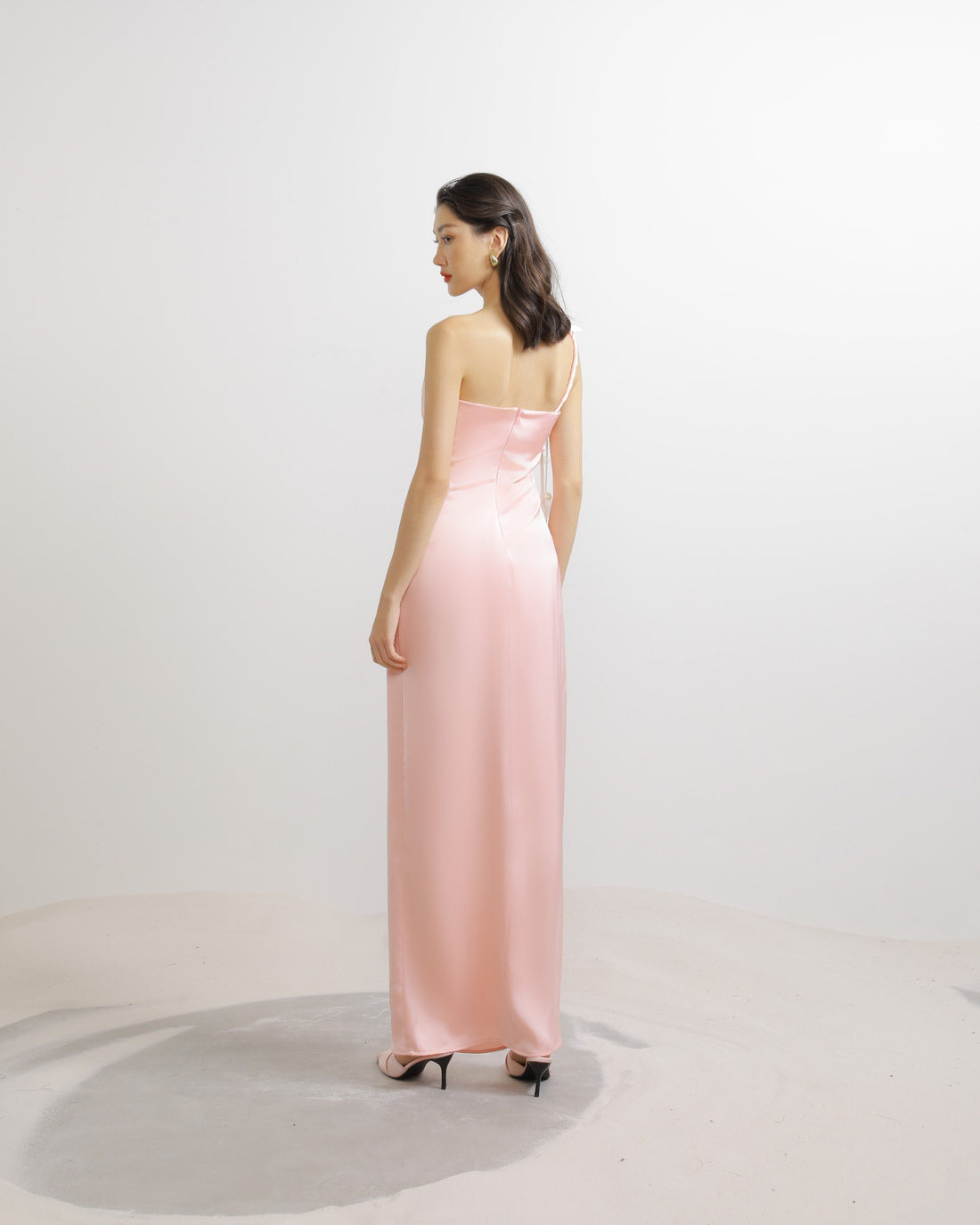 Floral Line Embroidered Silk One-Shoulder Maxi Dress in Light Pink