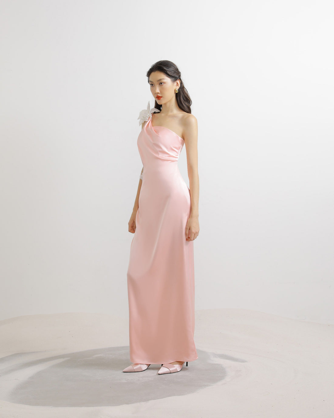 Floral Line Embroidered Silk One-Shoulder Maxi Dress in Light Pink