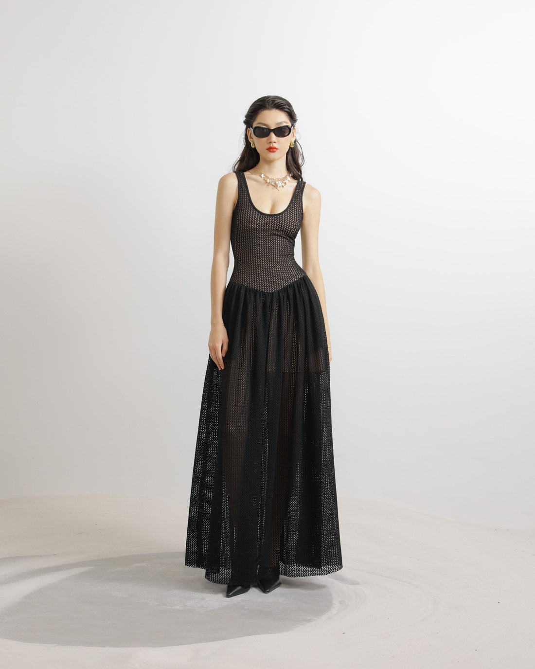Lace Cami Midi Dress in Black