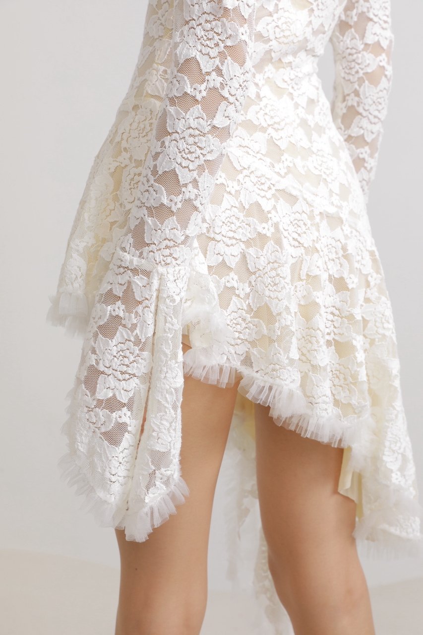 Ruffle Floral Embroidered Lace Long Flare Sleeves V Neck Mini Dress in White