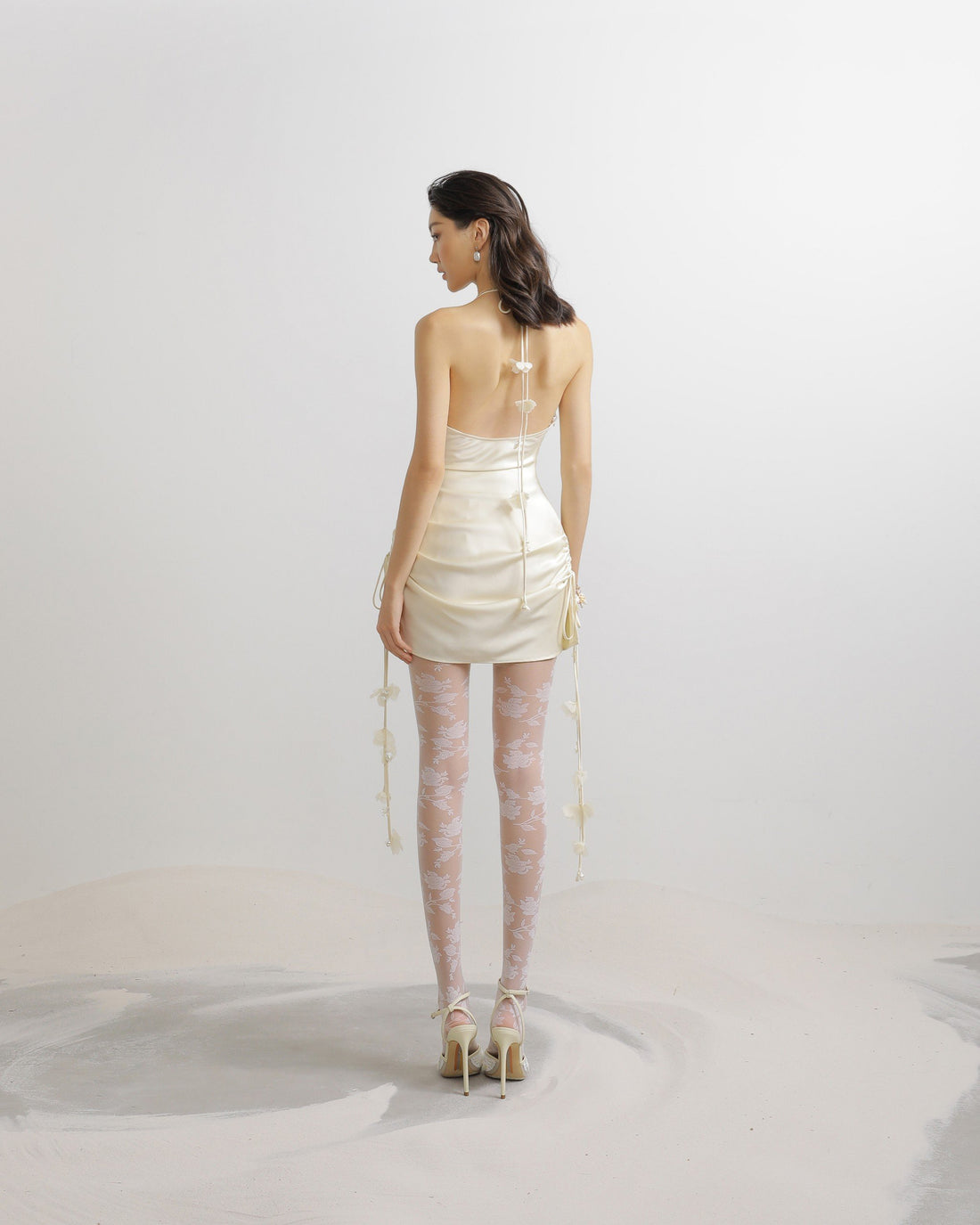 Silk Cowl Pleated Mini Dress in Cream