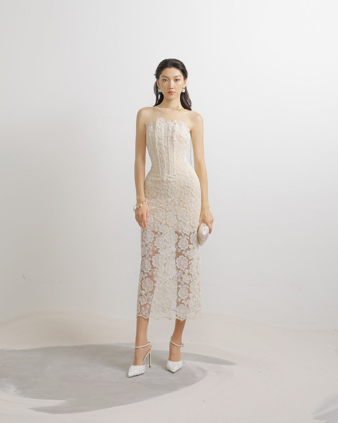 Lace Mesh Floral Midi Dress in Cream