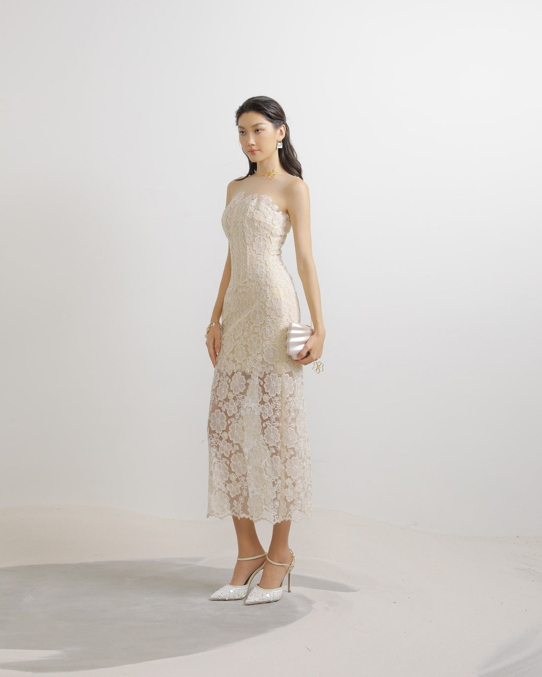 Lace Mesh Floral Midi Dress in Cream