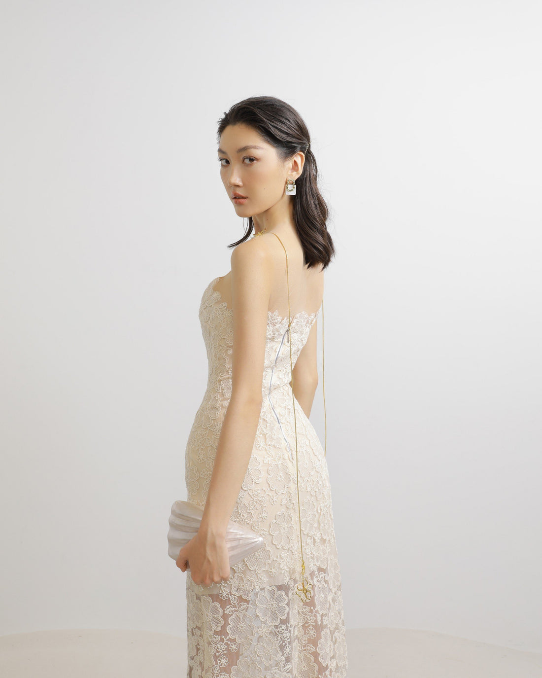 Lace Mesh Floral Midi Dress in Cream