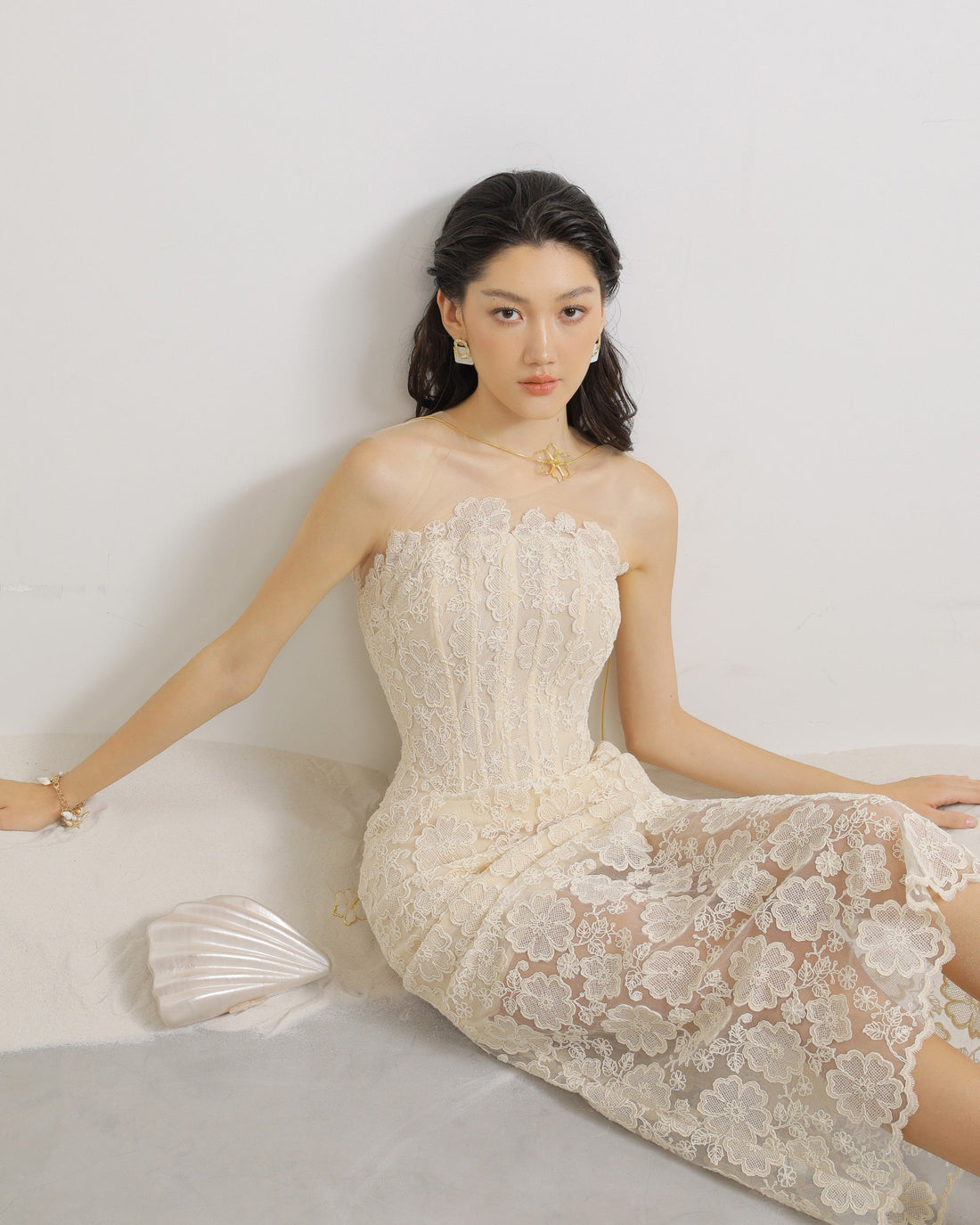 Lace Mesh Floral Midi Dress in Cream