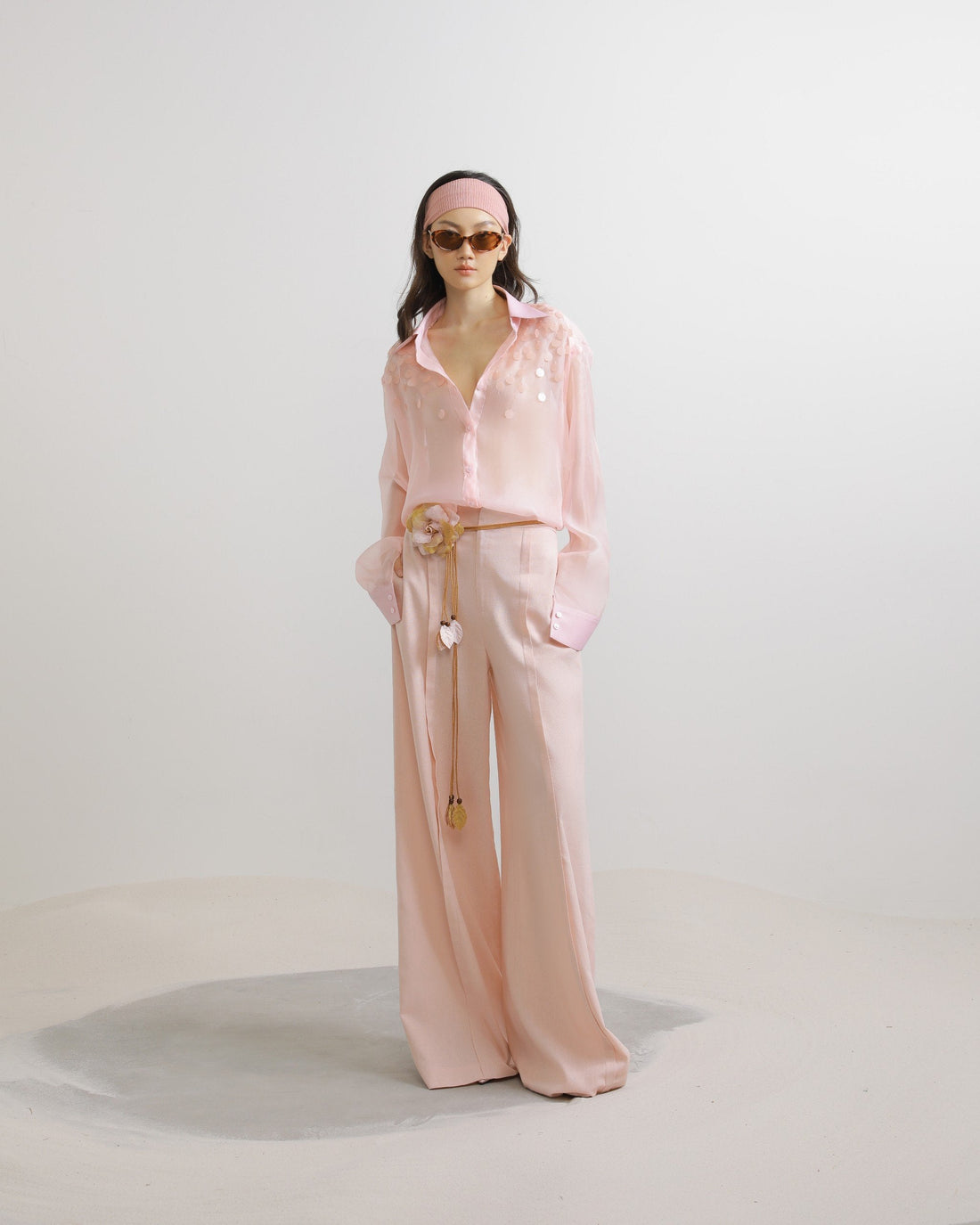 Linen Wide-Leg Trousers in Light Pink