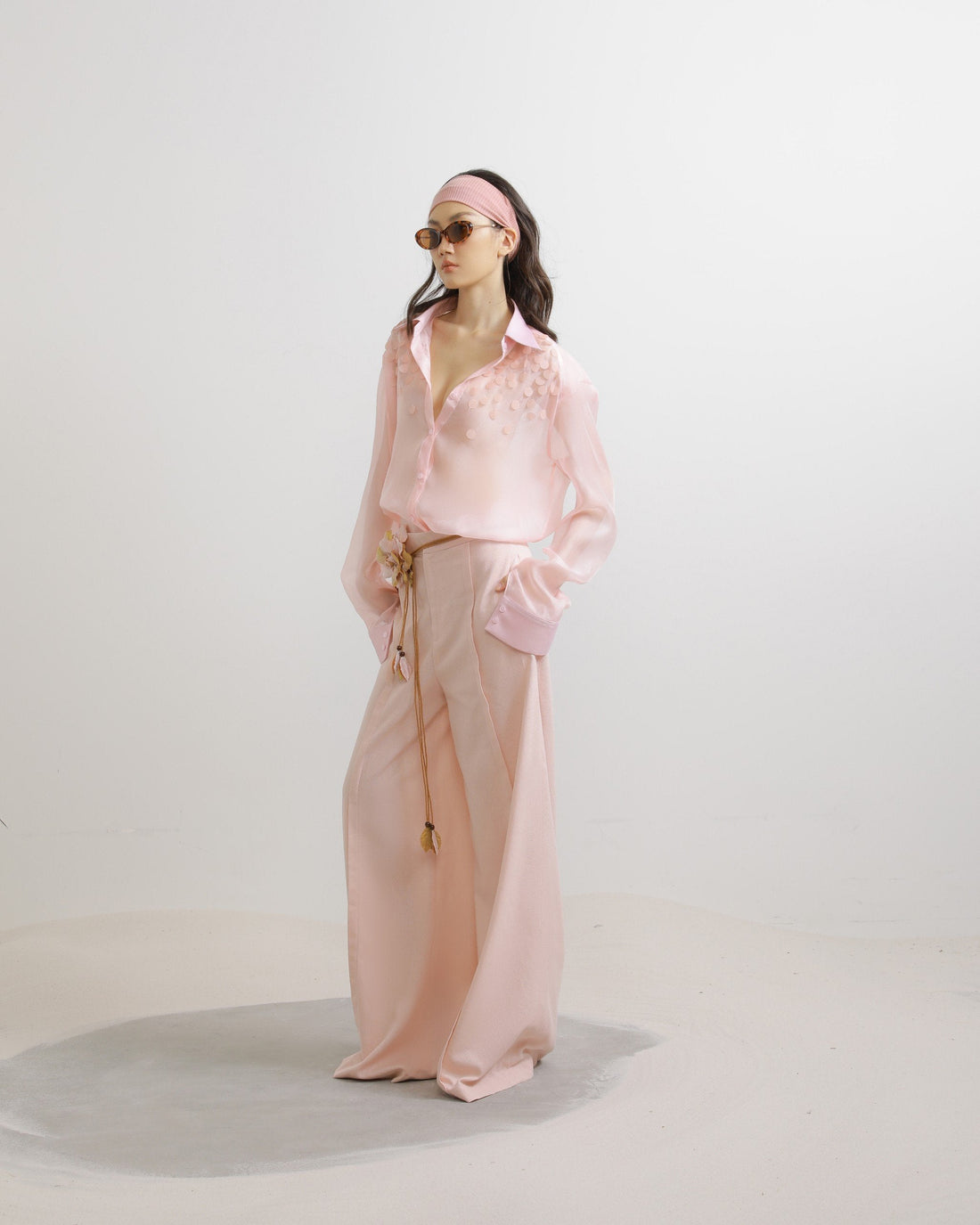 Linen Wide-Leg Trousers in Light Pink