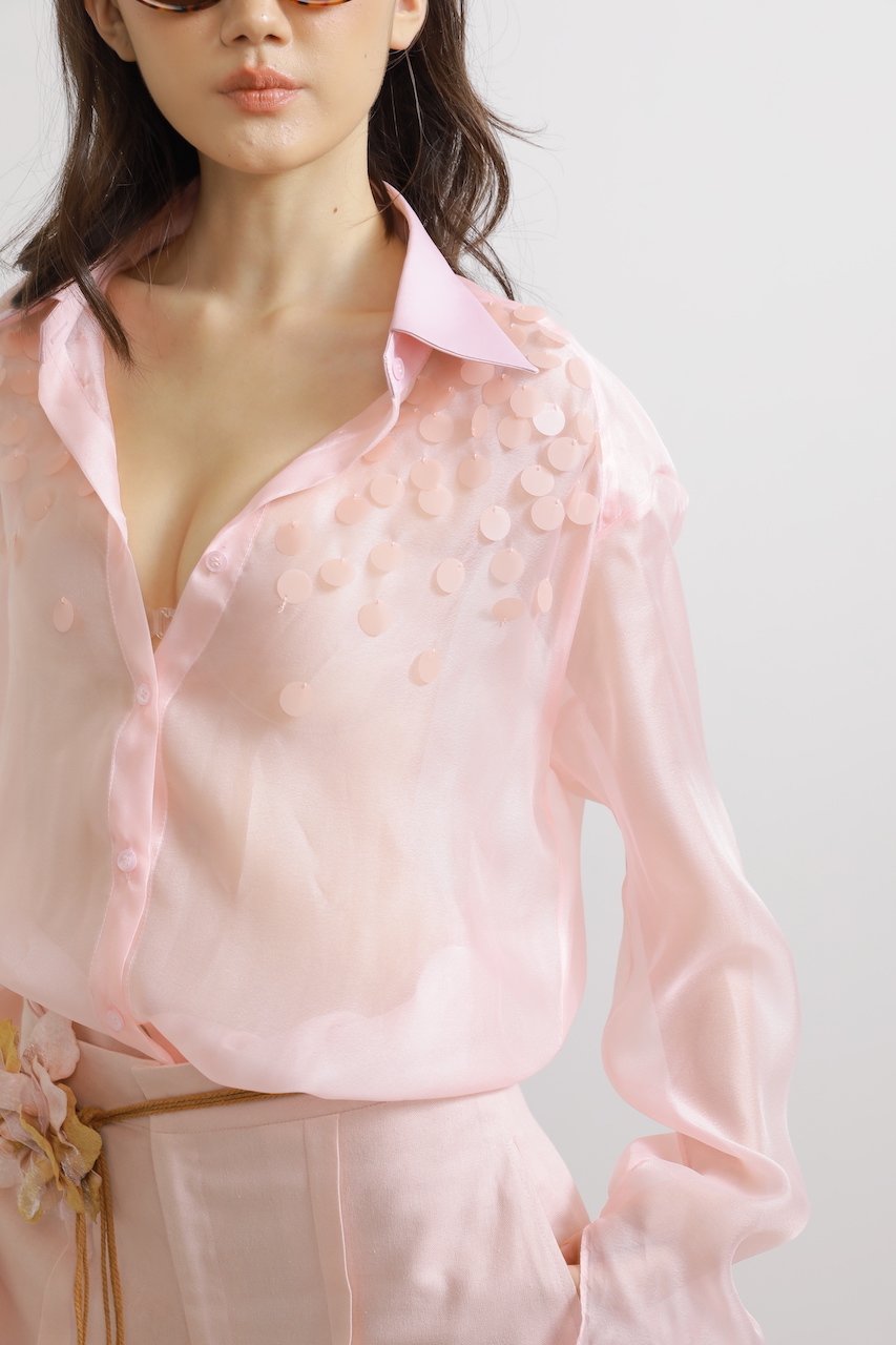 Pattern Embroidered Puff Sleeves Organza Shirt in Light Pink