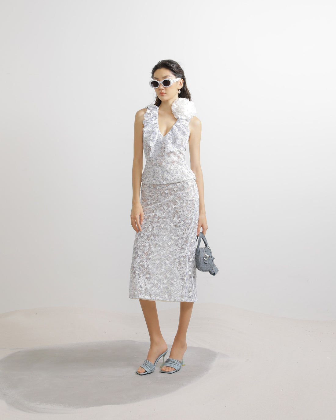 Floral Embroidered Lace Halter V Neck Top