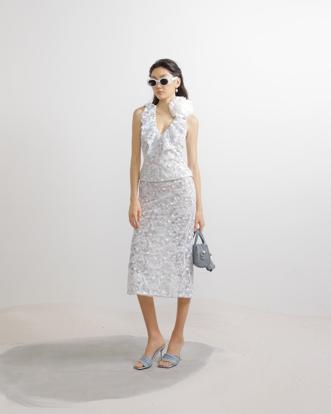 Lace Midi Skirt in Baby Blue