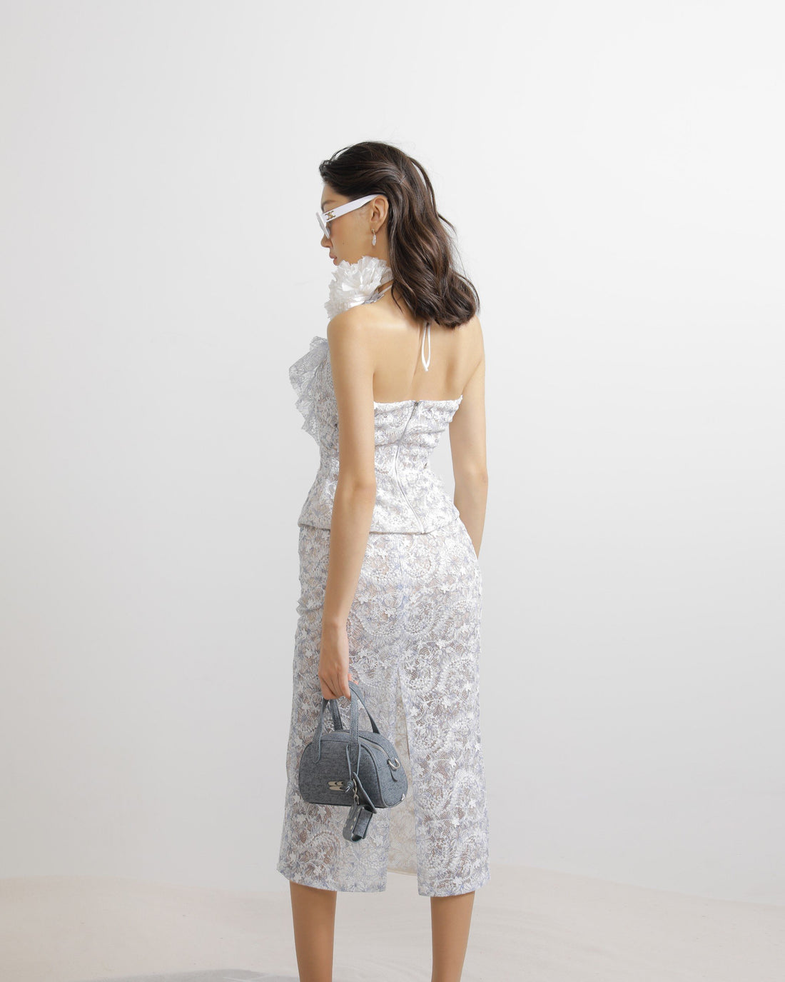 Floral Embroidered Lace Halter V Neck Top