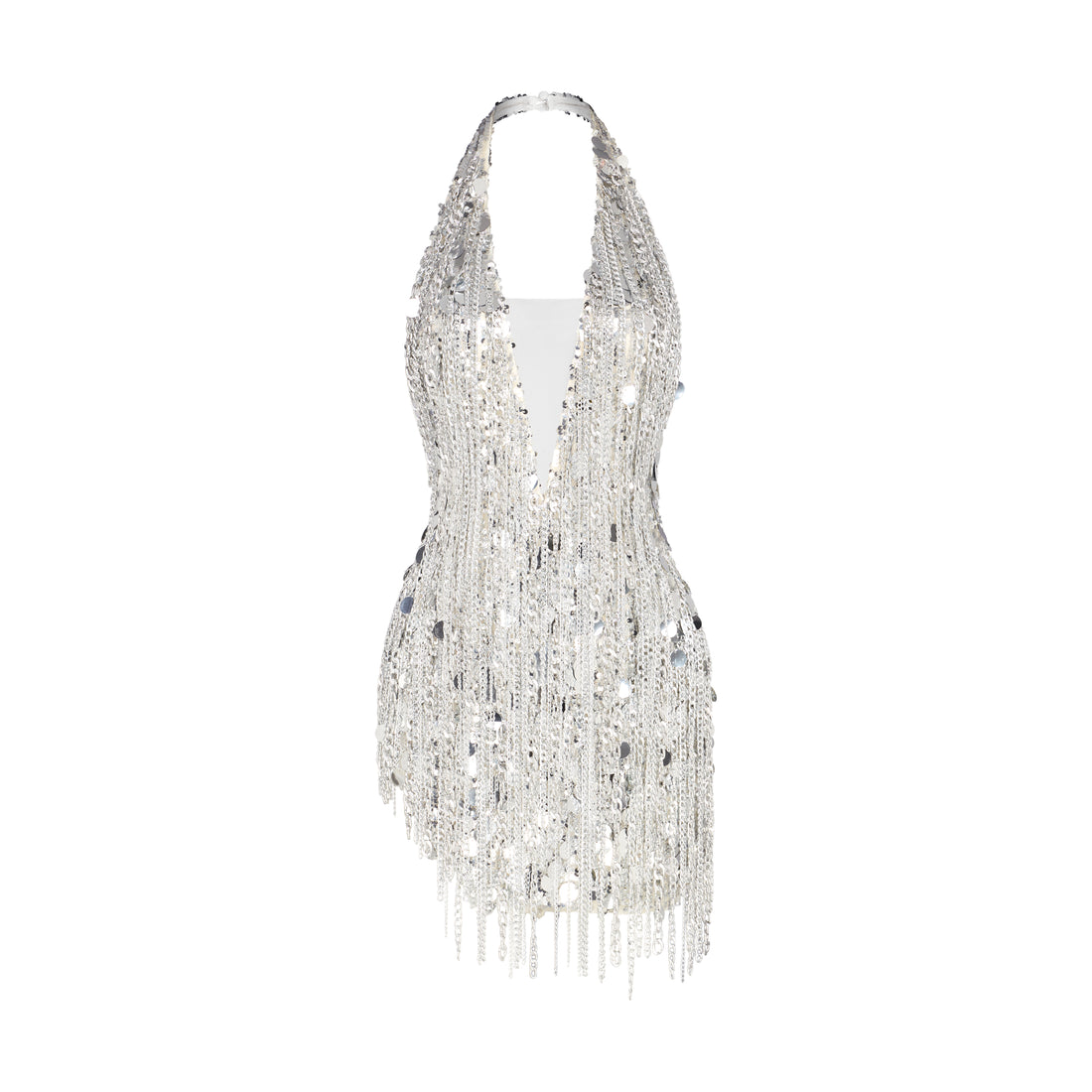 CRYSTAL STONE TASSEL HALTER V NECK MINI DRESS