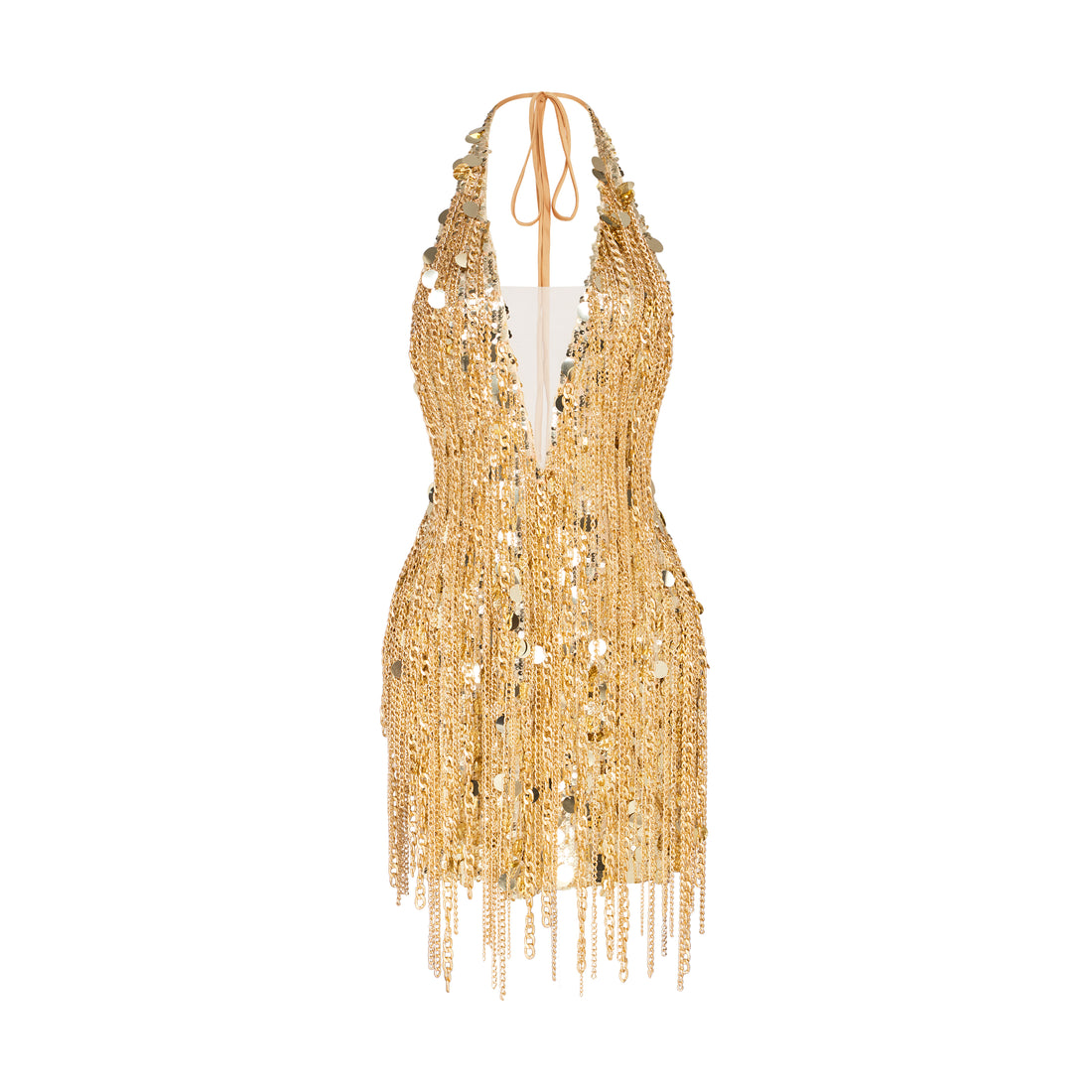 CRYSTAL STONE TASSEL HALTER V NECK MINI DRESS