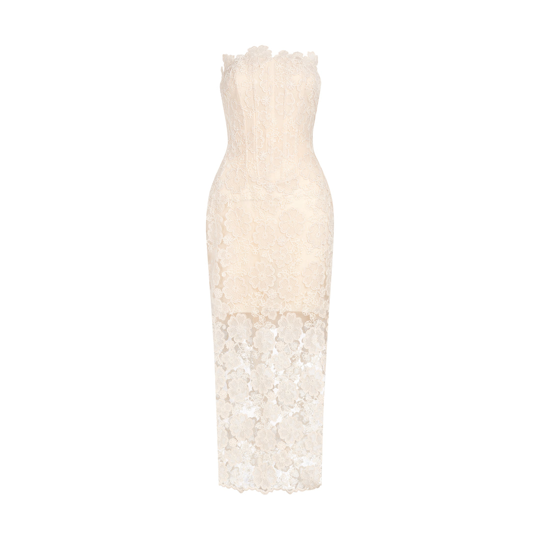 Lace Mesh Floral Midi Dress in Cream