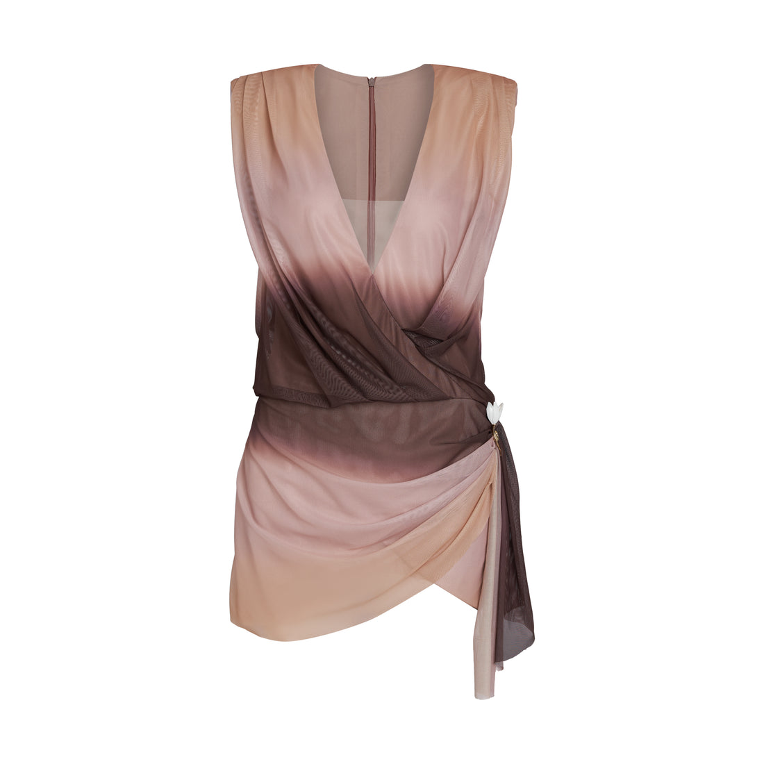 Mesh Sleeveless V Neck Fringe Ruched Mini Dress