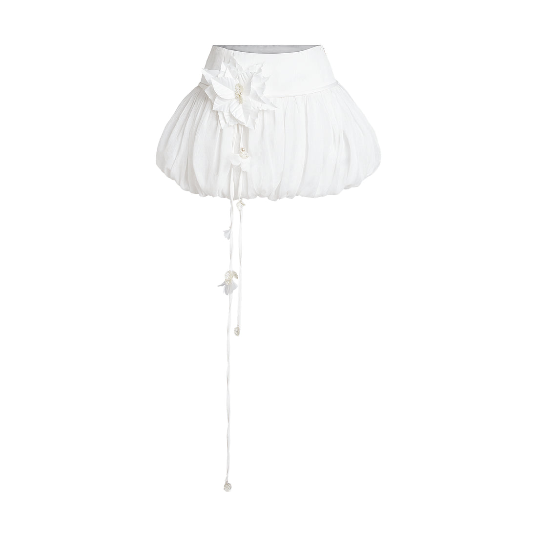 Floral Embroidered Puffball Mini Skirt in White