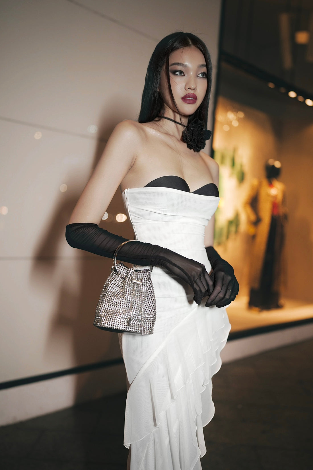 ASYMMETRICAL RUFFLE MESH MIDI DRESS