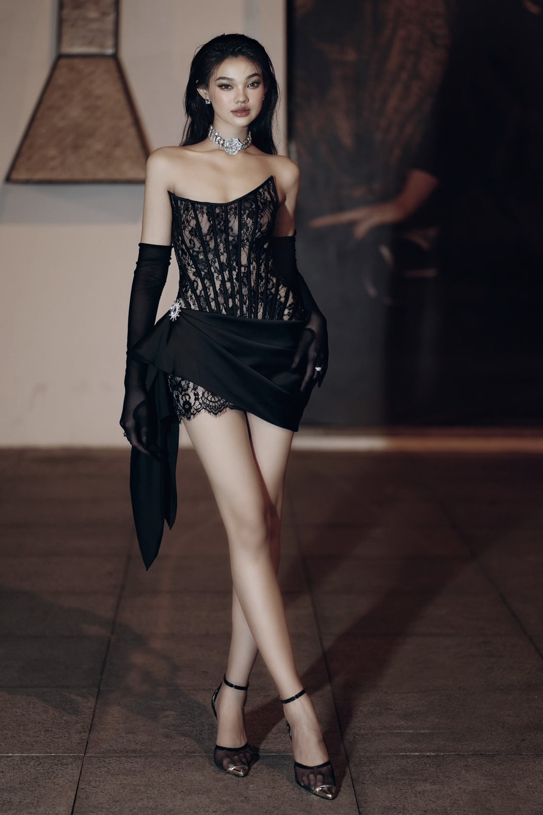 MESH CORSET AND SILK WITH CHARM DRESS