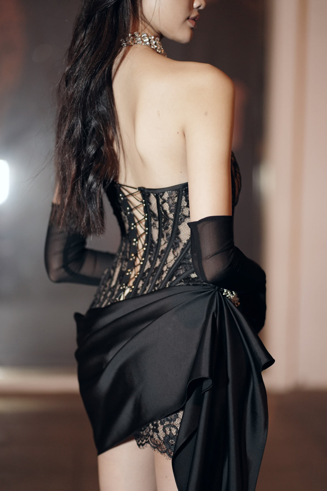 MESH CORSET AND SILK WITH CHARM DRESS