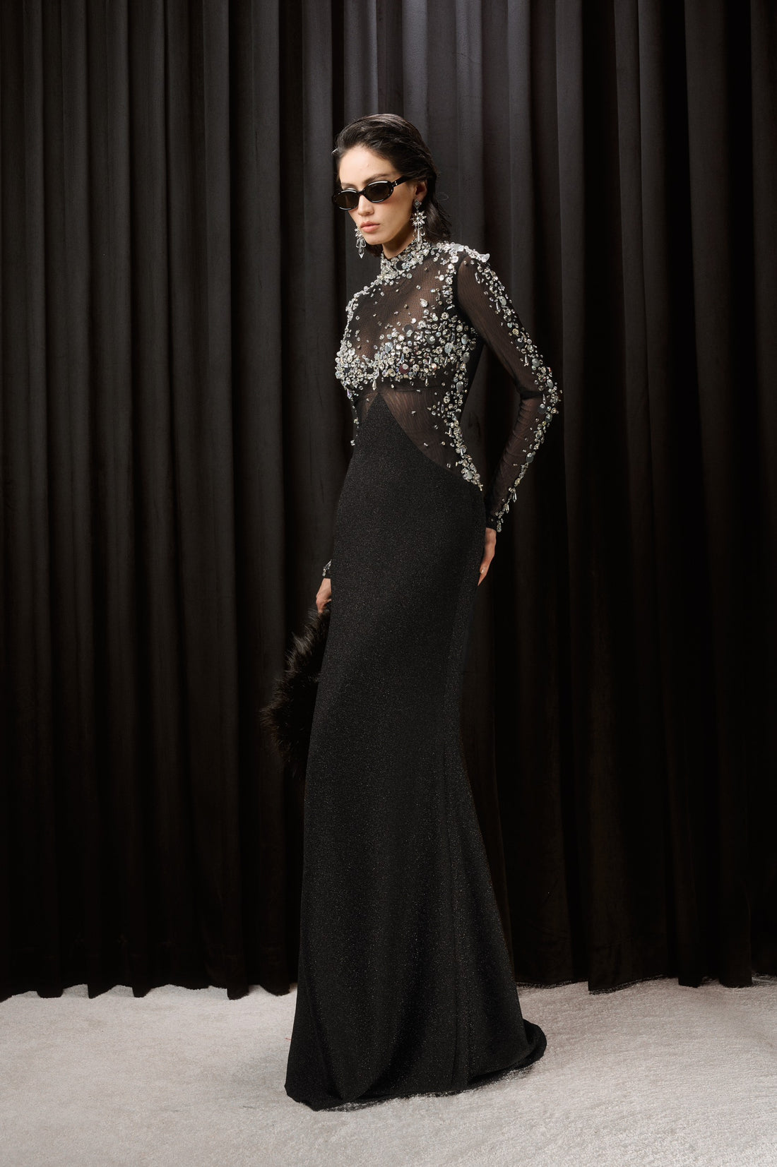 BLACK MESH DRESS EMBROIDRED RHINESTONE