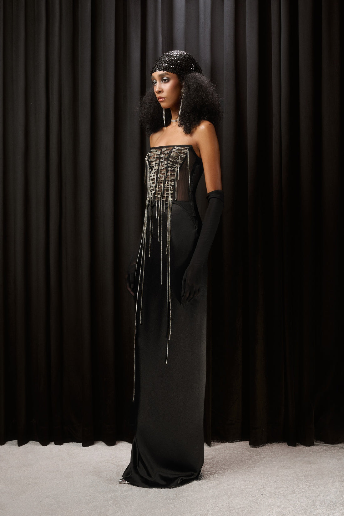 BLACK MESH CORSET EMBROIDRED RHINESTONE