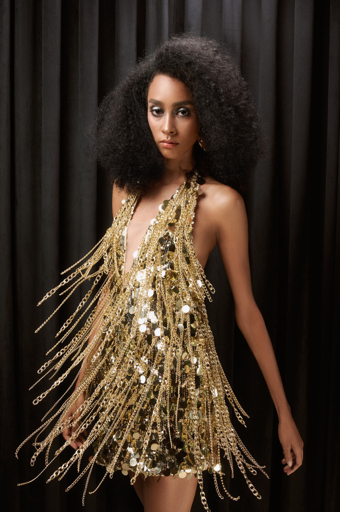 CRYSTAL STONE TASSEL HALTER V NECK MINI DRESS