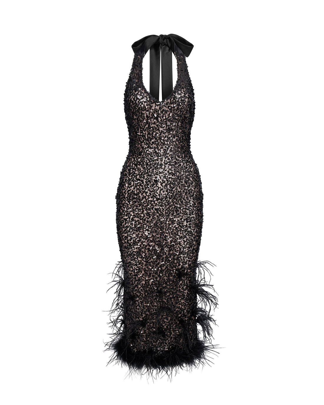Black Feather Trim Sequin Dress