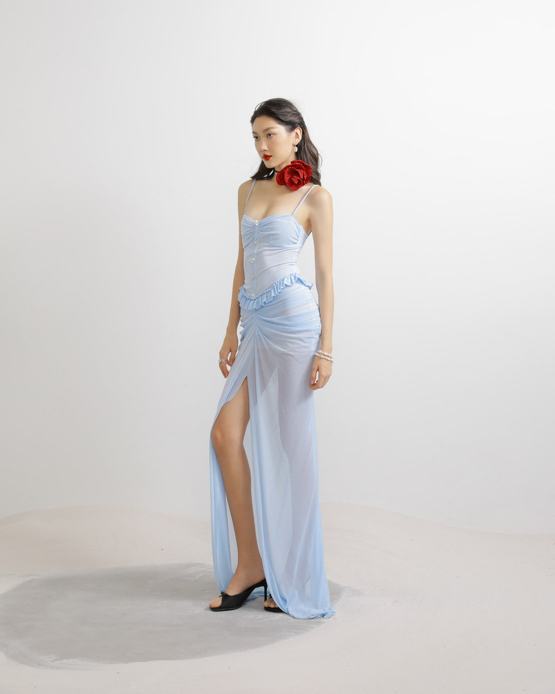 Mesh Camisole Ruched Midi Gown