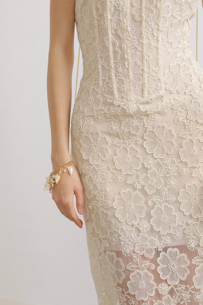 Lace Mesh Floral Midi Dress in Cream