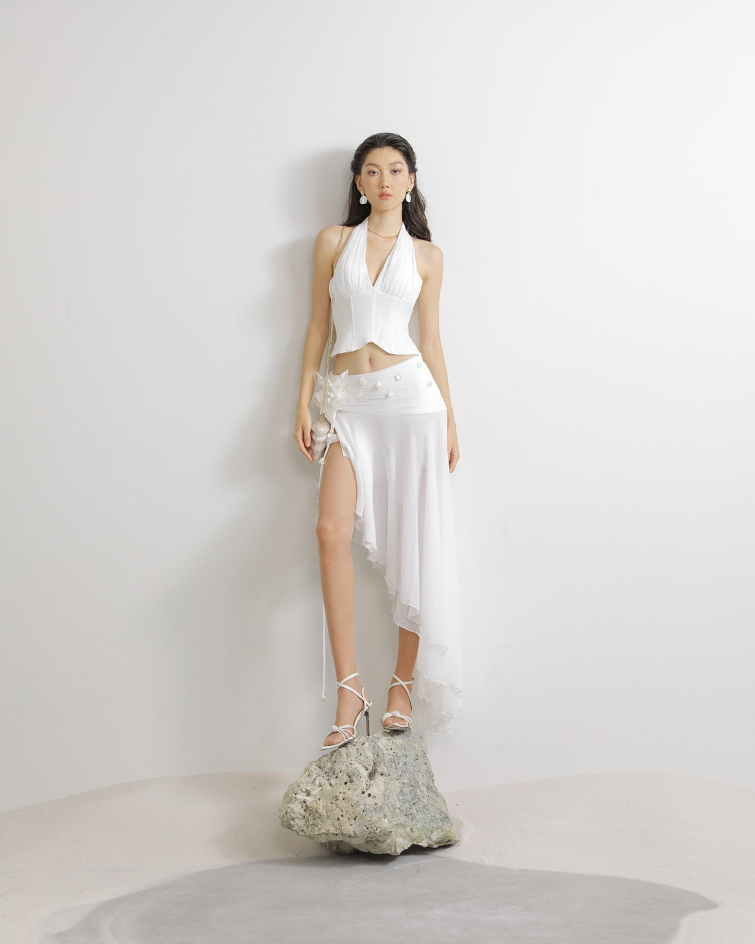 Linen Floral Embroidered Gown Skirt in White