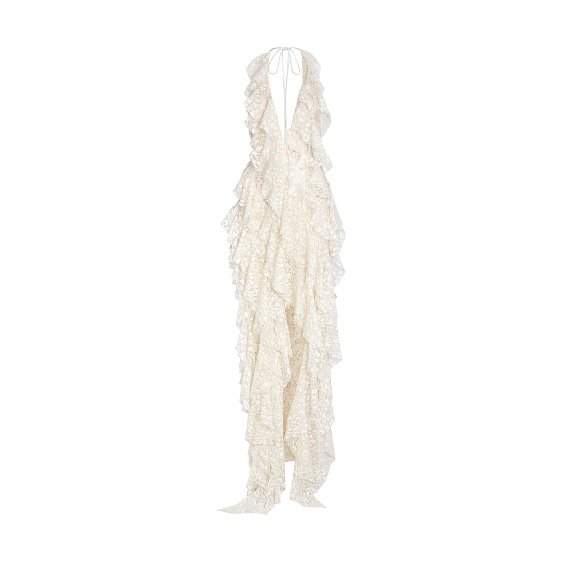 Halter V Neck Ruffle Ruched Maxi Dress in Cream