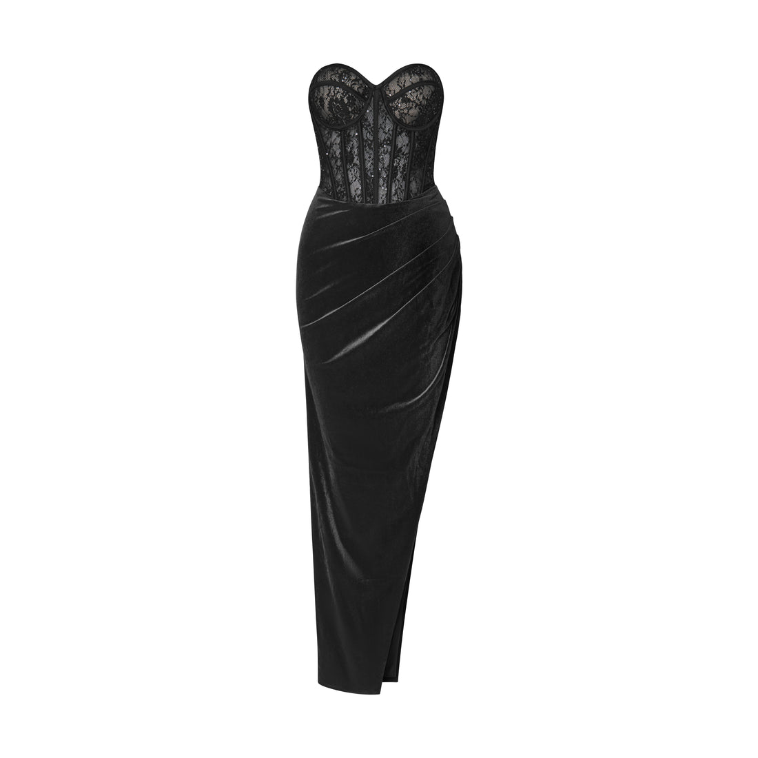 Black Velvet Bandeau Lace Corset Midi Dress