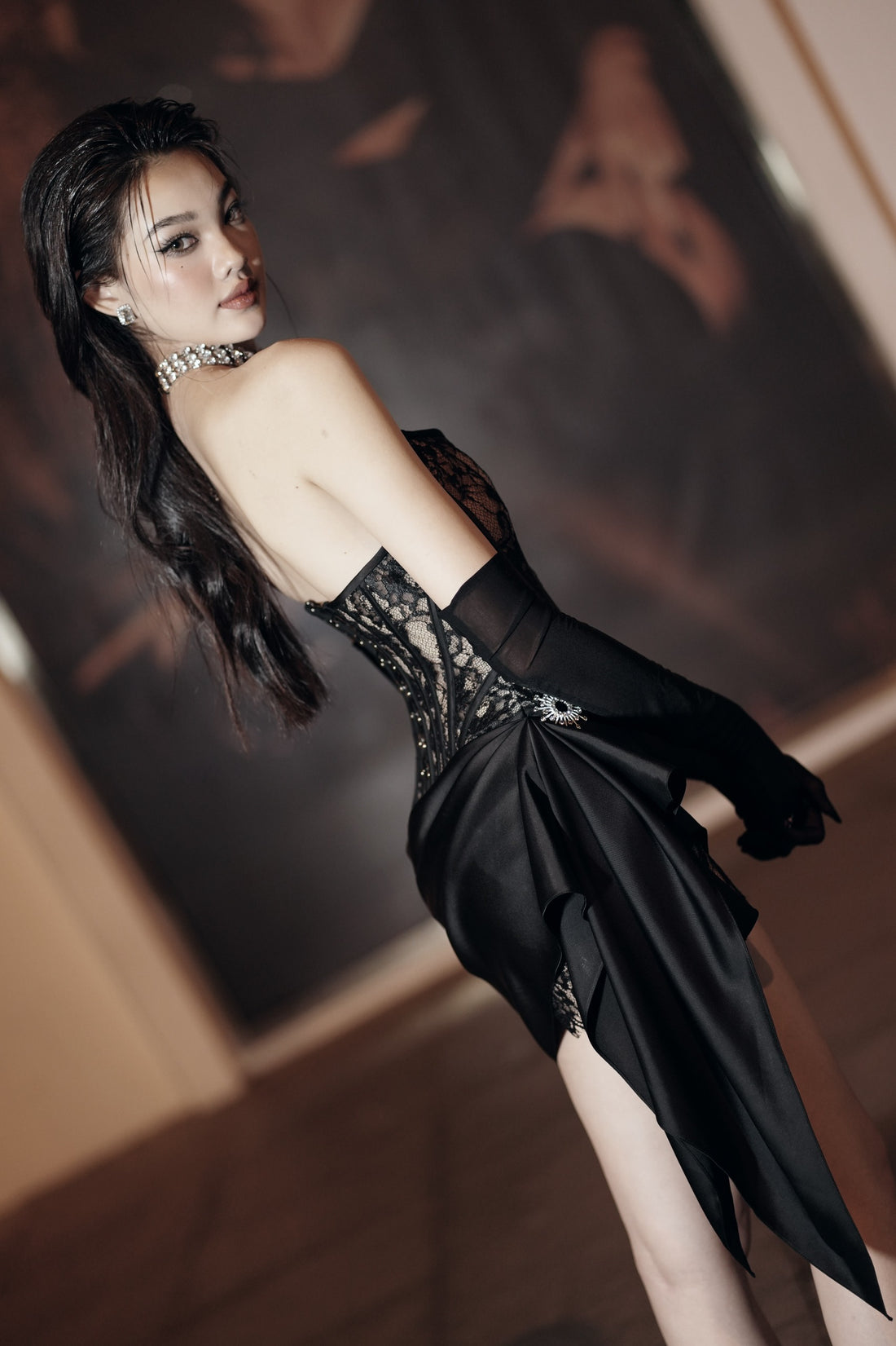 MESH CORSET AND SILK WITH CHARM DRESS