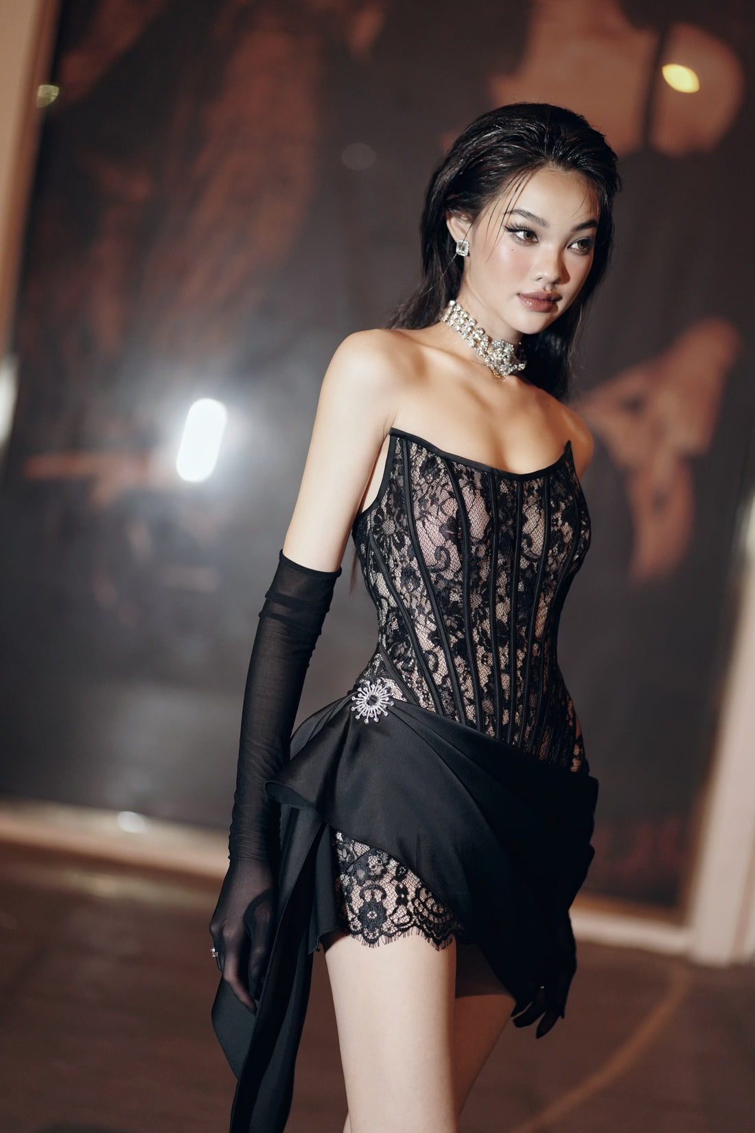 MESH CORSET AND SILK WITH CHARM DRESS