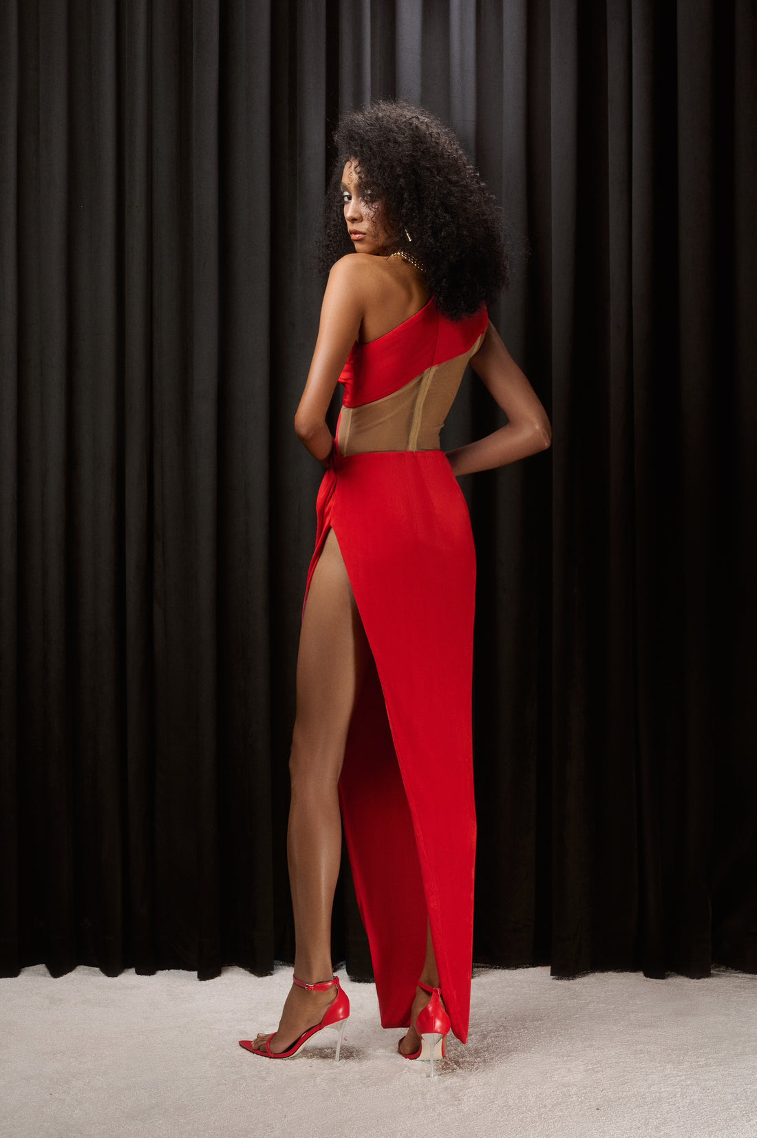 CUT-OUT RED MESH DRESS