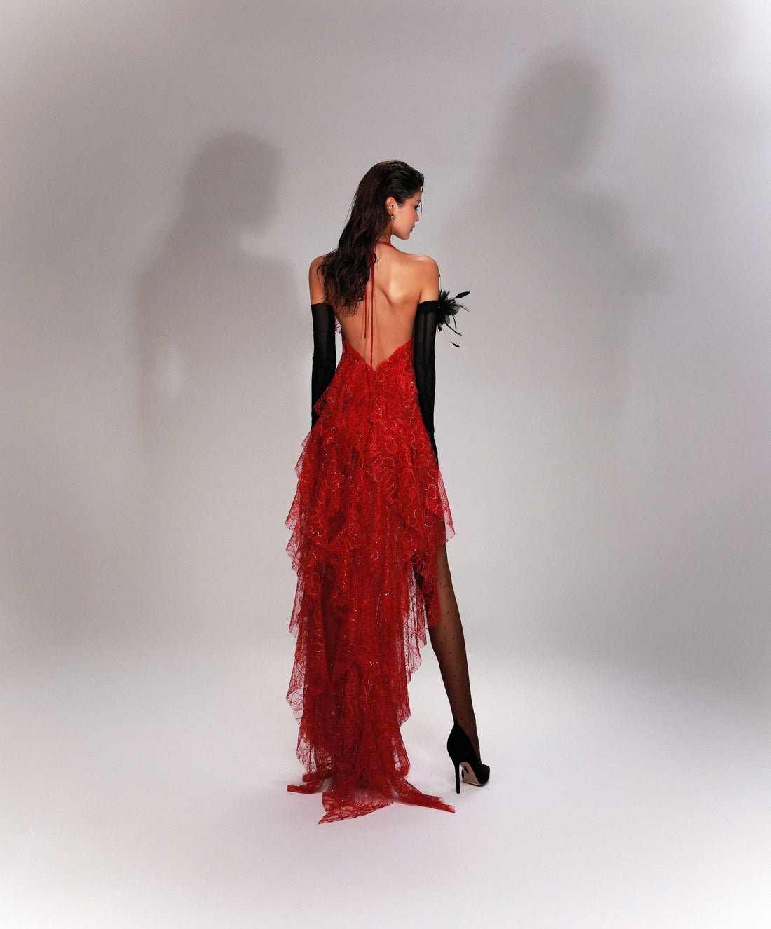 HALTER NECK LONG RED FRINGE DRESS