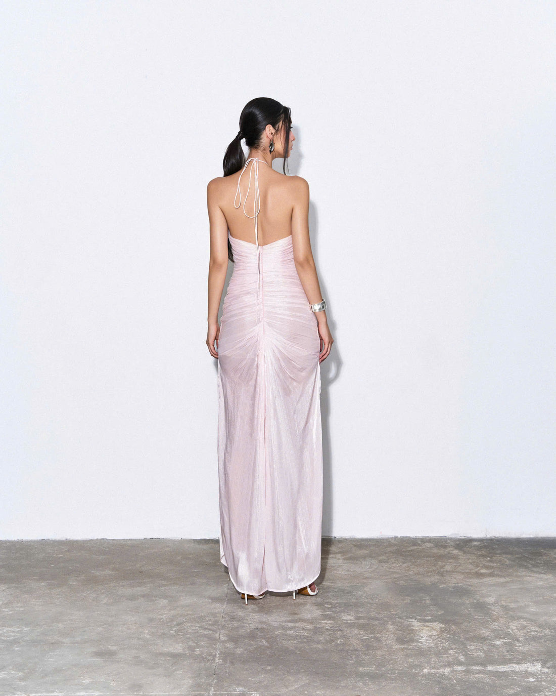 Ruched Halter-Neck Gown with Floral Appliqué in Blush
