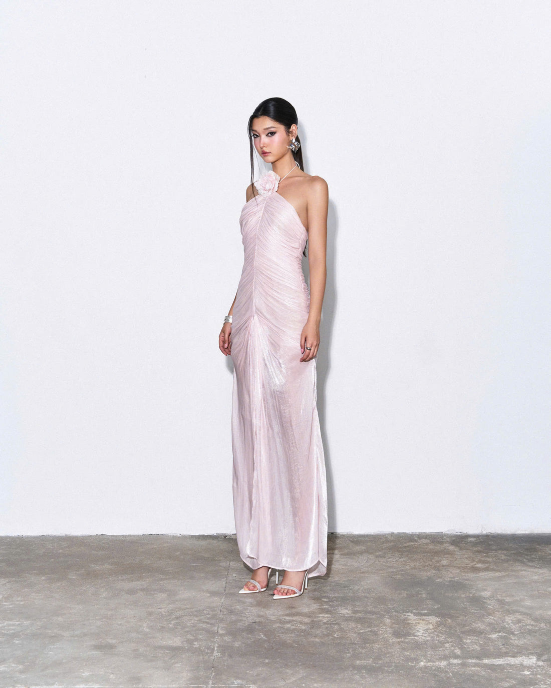 Ruched Halter-Neck Gown with Floral Appliqué in Blush