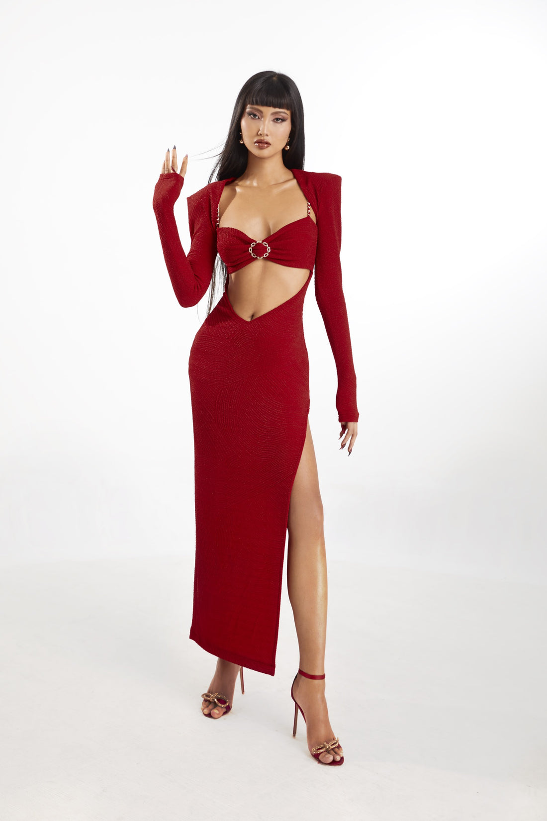 Red High Split Jersey Maxi Dress With Coat
