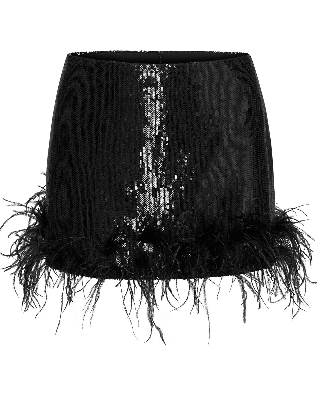 Black Feather Trim Sequin Miniskirt