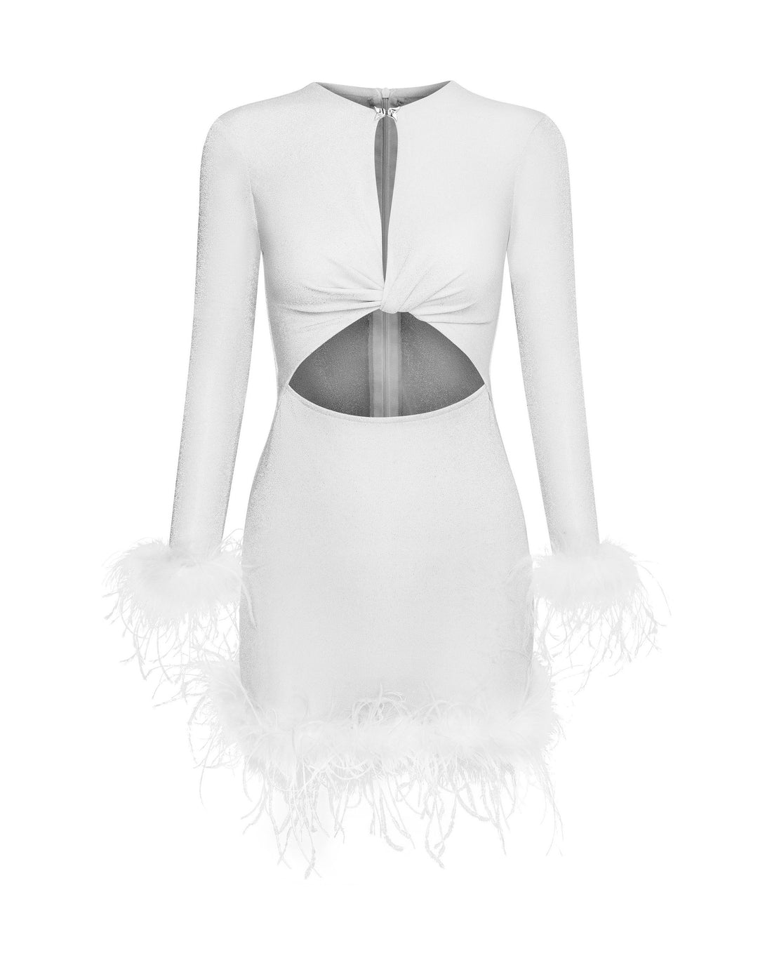 White Feather Trim Cutout Jersey Dress